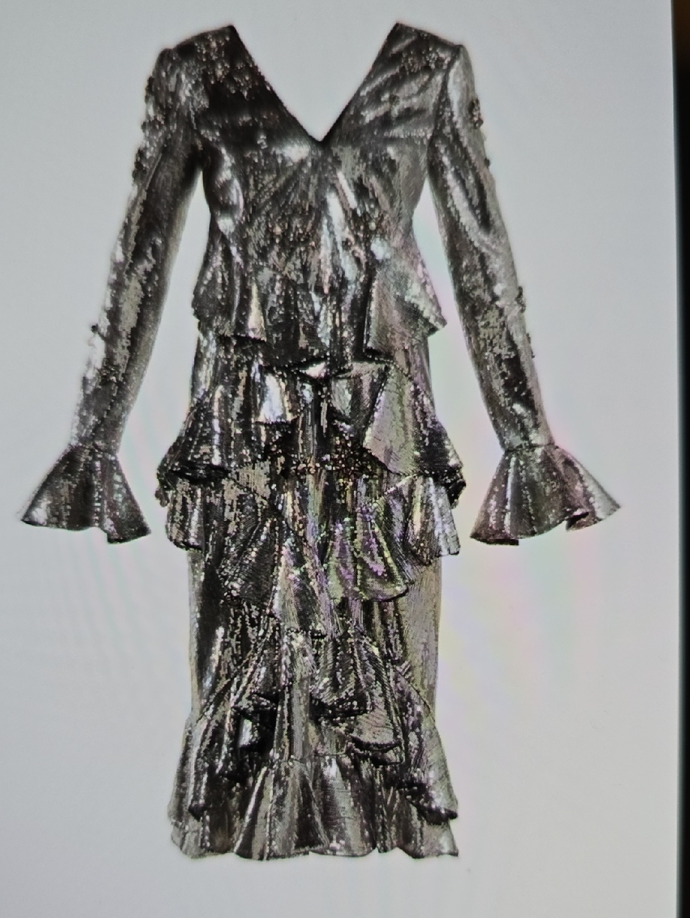 ERDEM Metallic Silver Ruffle Midi Dress